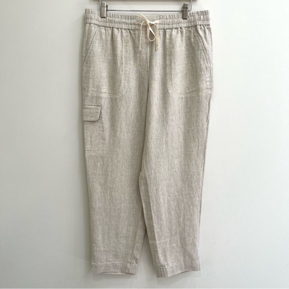 TALBOTS Washed 100% Linen Easy Slim Leg Cropped Pull On Pants Oatmeal Tan Medium
